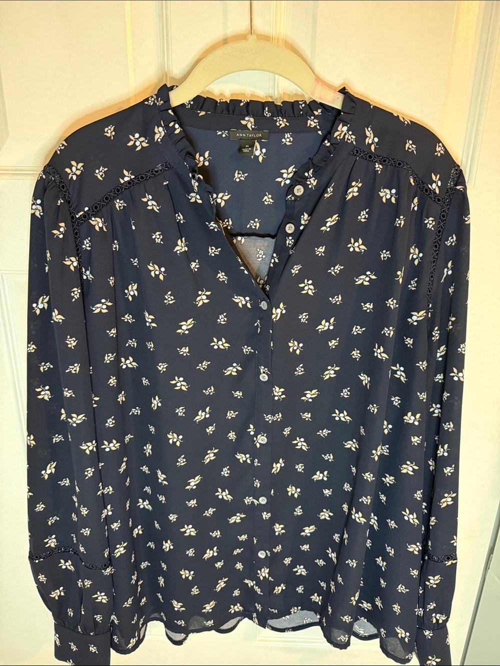 Ann Taylor Navy Floral Button-Front Blouse - XL